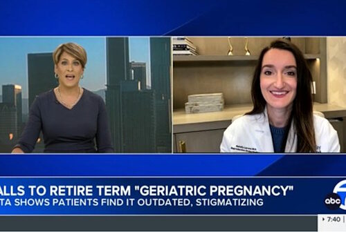 Dr. Natalia Llarena discusses the term "geriatric pregnancy" on KABC-TV.